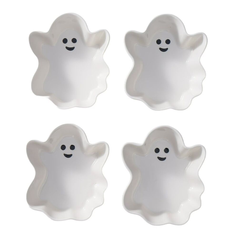 Halloween White Ghost Appetizer Bowls 4pk Ceramic Stoneware Candy Treat Serving